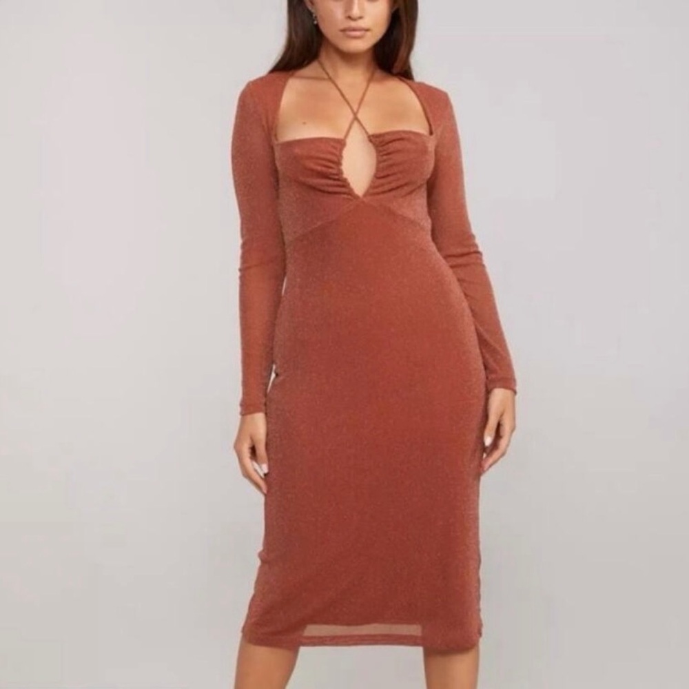 Backyard Roses Gemma Sparkly Lurex Long Sleeve Midi Dress in Caramel Sz S